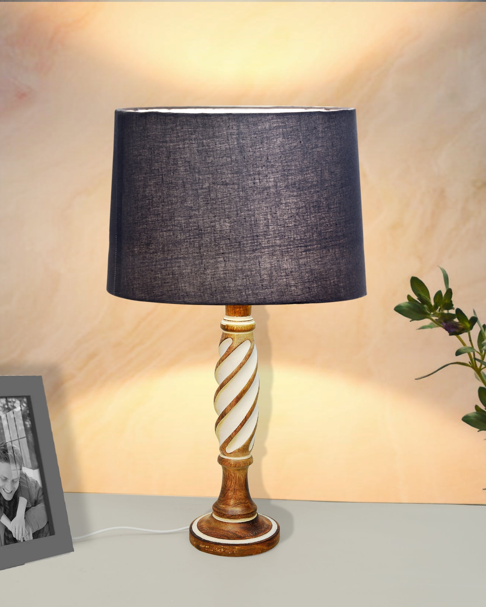 Antique White Twister Wood Table lamp, Rustic Farmhouse Bedside Light, Khadi Fabric shade