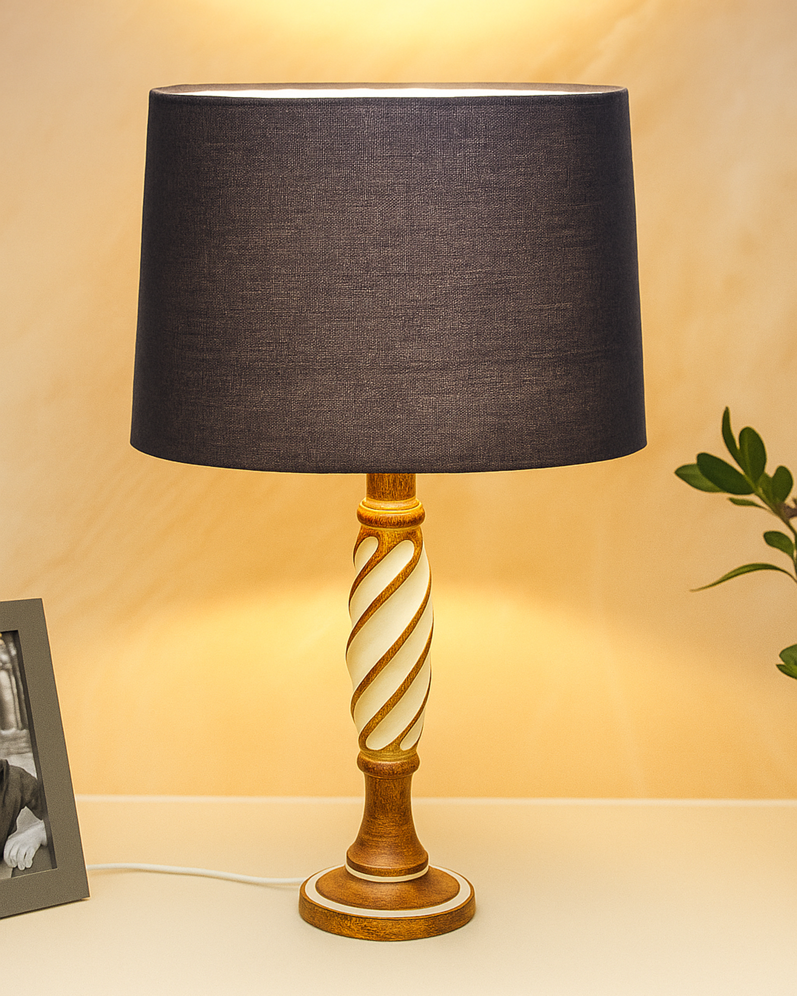 Antique White Twister Wood Table lamp, Rustic Farmhouse Bedside Light, Khadi Fabric shade