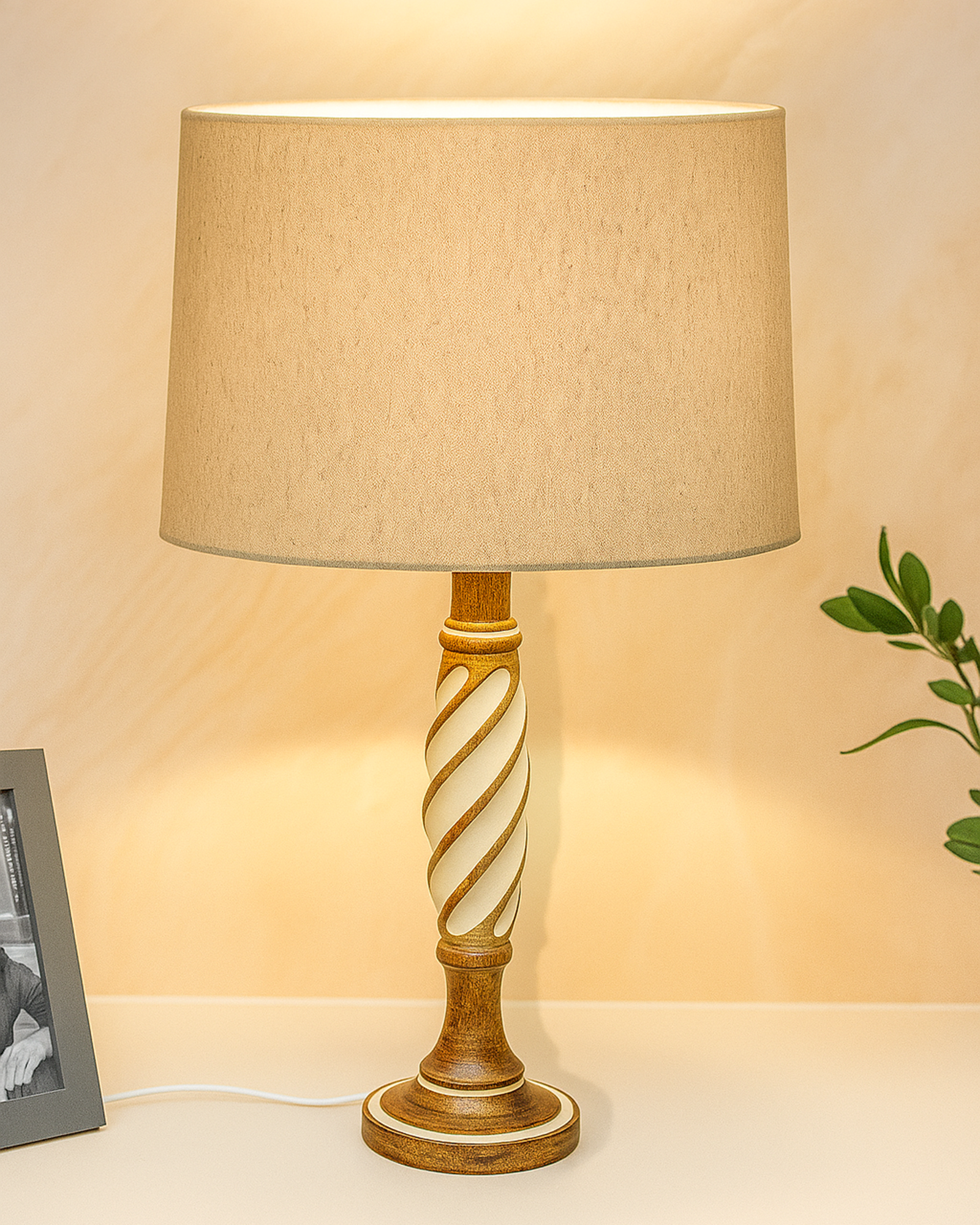 Antique White Twister Wood Table lamp, Rustic Farmhouse Bedside Light, Khadi Fabric shade