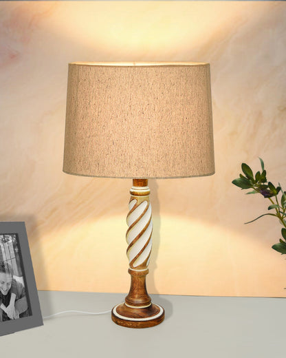 Antique White Twister Wood Table lamp, Rustic Farmhouse Bedside Light, Khadi Fabric shade