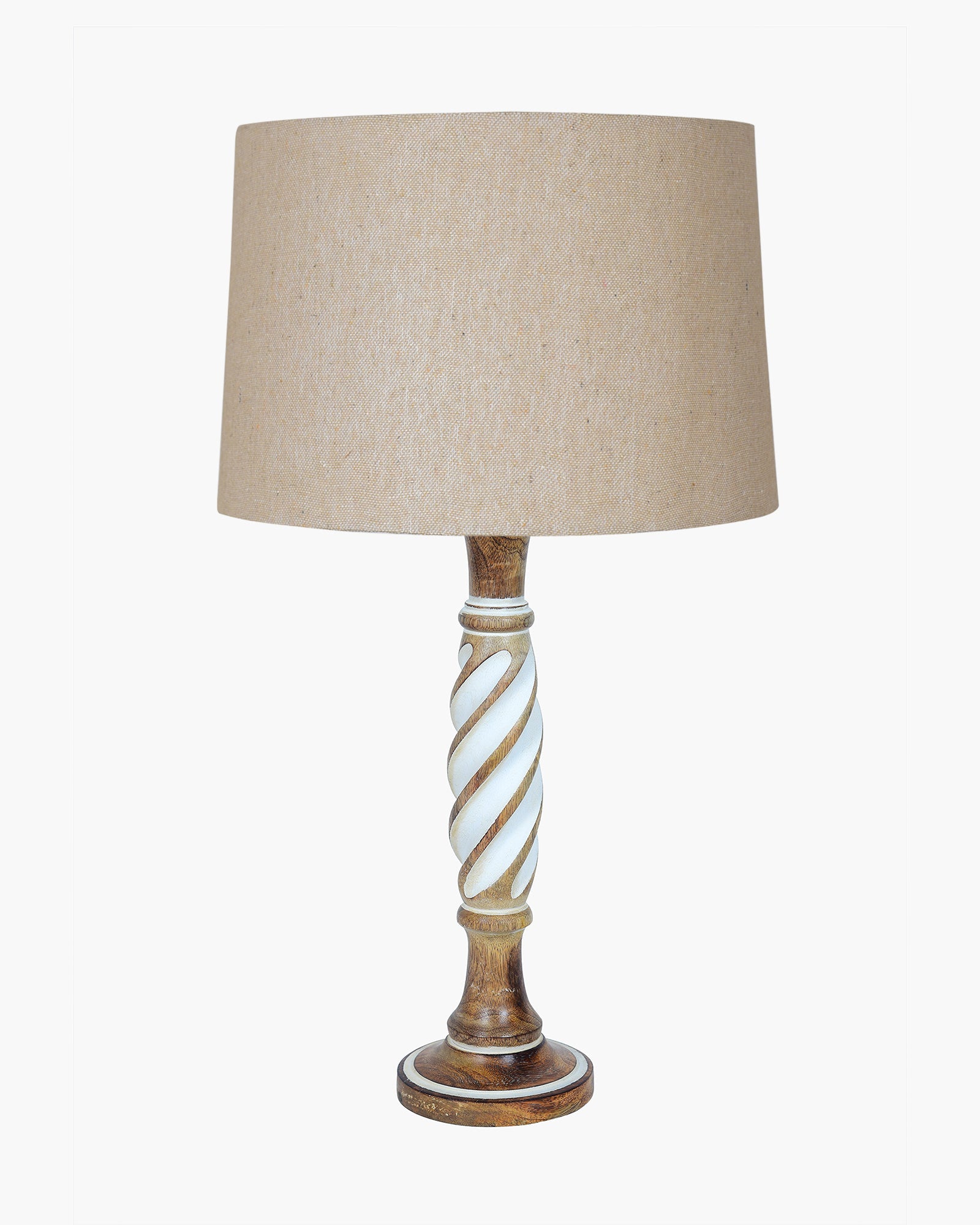 Antique White Twister Wood Table lamp, Rustic Farmhouse Bedside Light, Khadi Fabric shade