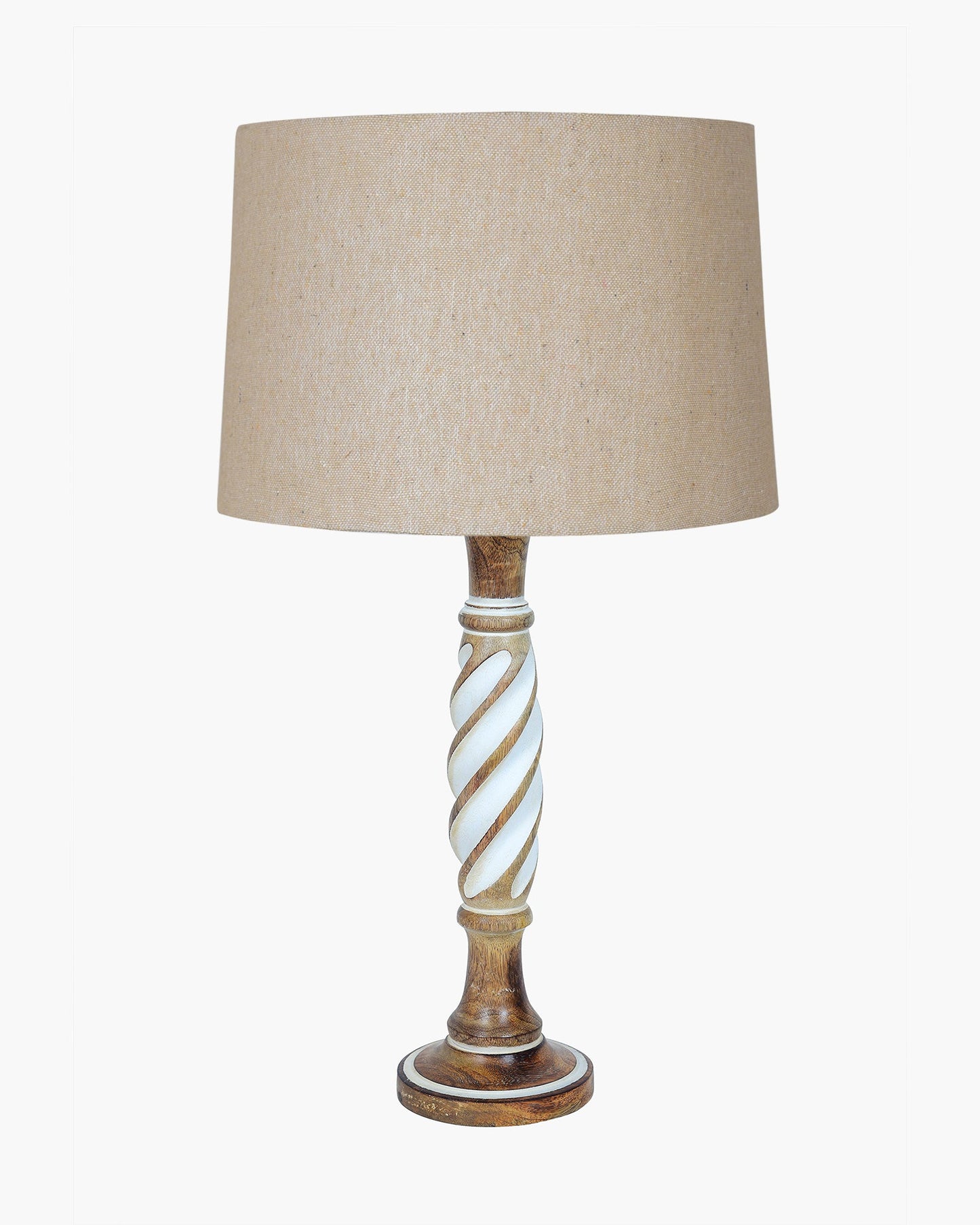 Antique White Twister Wood Table lamp, Rustic Farmhouse Bedside Light, Khadi Fabric shade