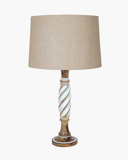 Antique White Twister Wood Table lamp, Rustic Farmhouse Bedside Light, Khadi Fabric shade