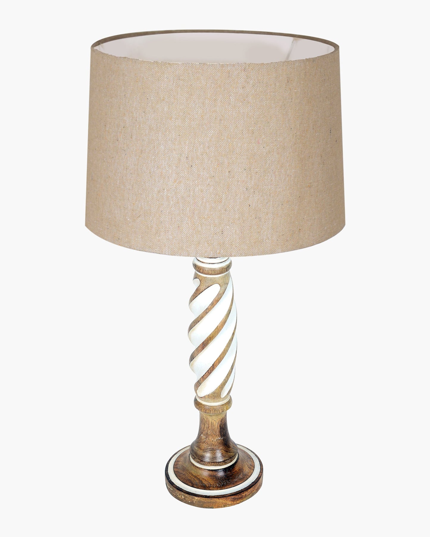 Antique White Twister Wood Table lamp, Rustic Farmhouse Bedside Light, Khadi Fabric shade