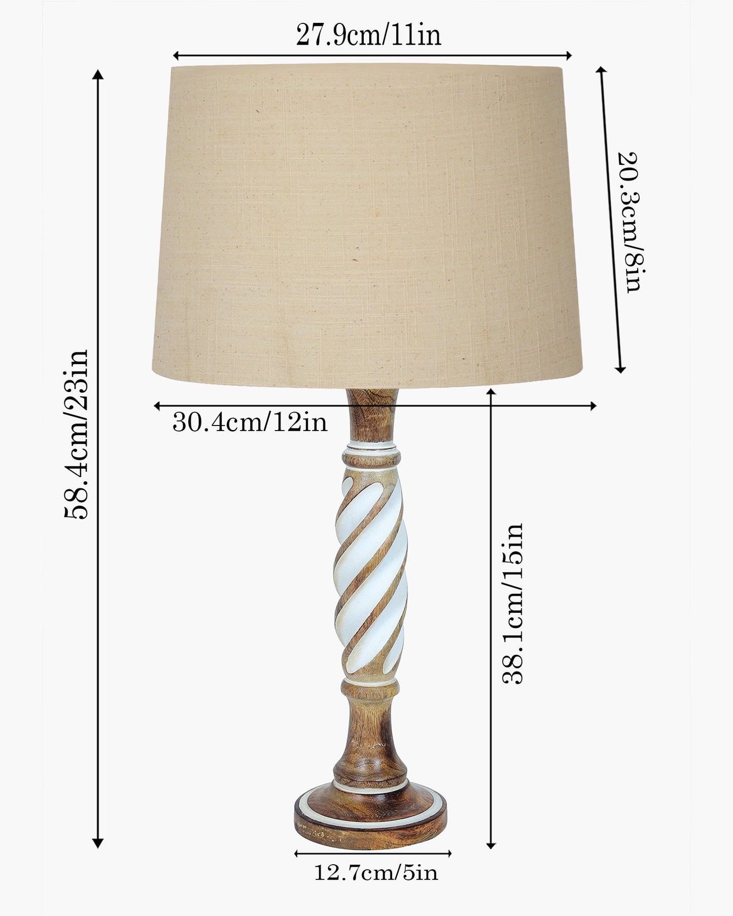 Antique White Twister Wood Table lamp, Rustic Farmhouse Bedside Light, Khadi Fabric shade