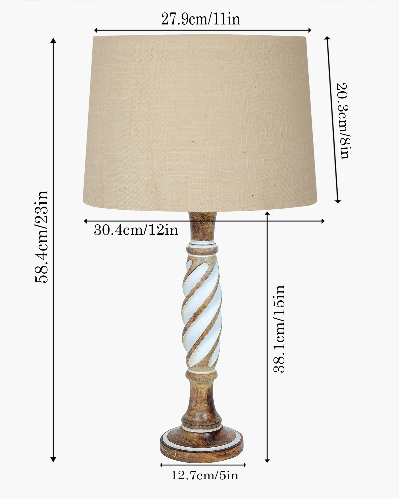 Antique White Twister Wood Table lamp, Rustic Farmhouse Bedside Light, Khadi Fabric shade