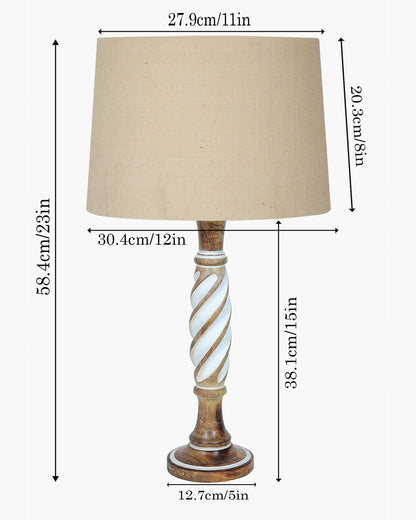 Antique White Twister Wood Table lamp, Rustic Farmhouse Bedside Light, Khadi Fabric shade