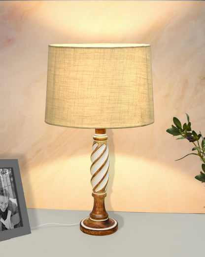 Antique White Twister Wood Table lamp, Rustic Farmhouse Bedside Light, Khadi Fabric shade