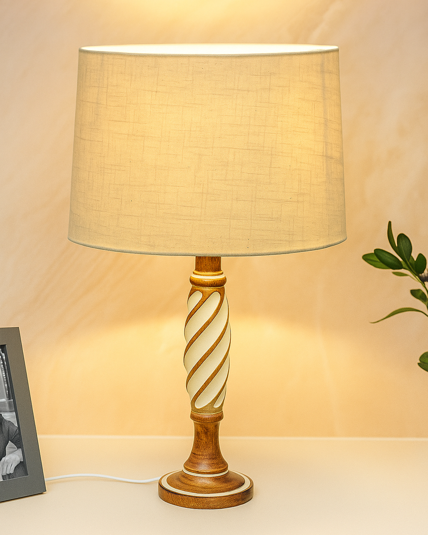 Antique White Twister Wood Table lamp, Rustic Farmhouse Bedside Light, Khadi Fabric shade
