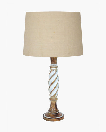 Antique White Twister Wood Table lamp, Rustic Farmhouse Bedside Light, Khadi Fabric shade