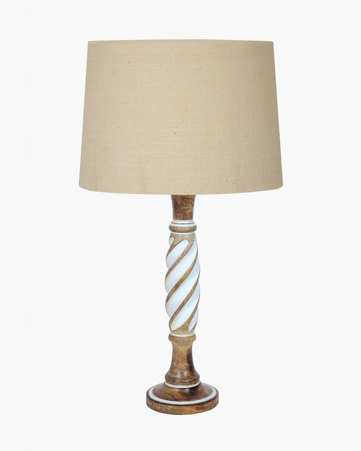Antique White Twister Wood Table lamp, Rustic Farmhouse Bedside Light, Khadi Fabric shade