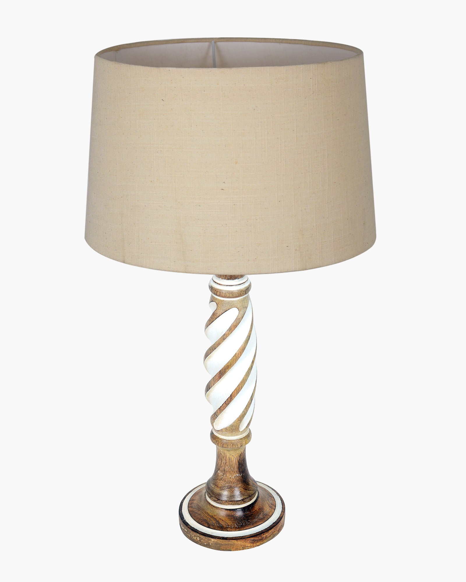 Antique White Twister Wood Table lamp, Rustic Farmhouse Bedside Light, Khadi Fabric shade