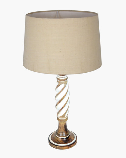 Antique White Twister Wood Table lamp, Rustic Farmhouse Bedside Light, Khadi Fabric shade