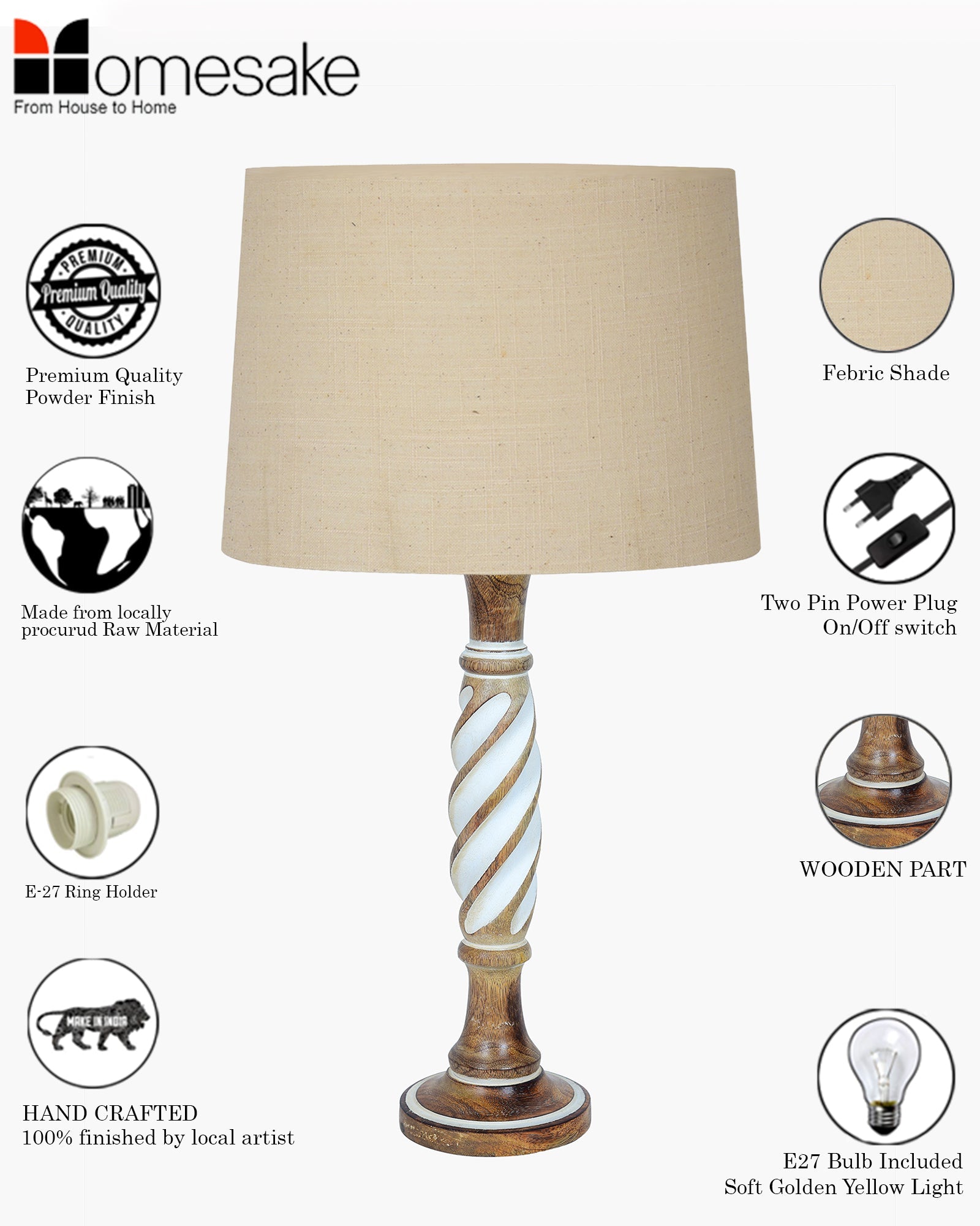 Antique White Twister Wood Table lamp, Rustic Farmhouse Bedside Light, Khadi Fabric shade