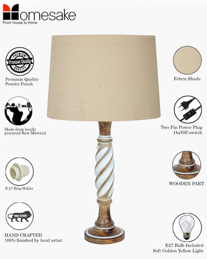 Antique White Twister Wood Table lamp, Rustic Farmhouse Bedside Light, Khadi Fabric shade