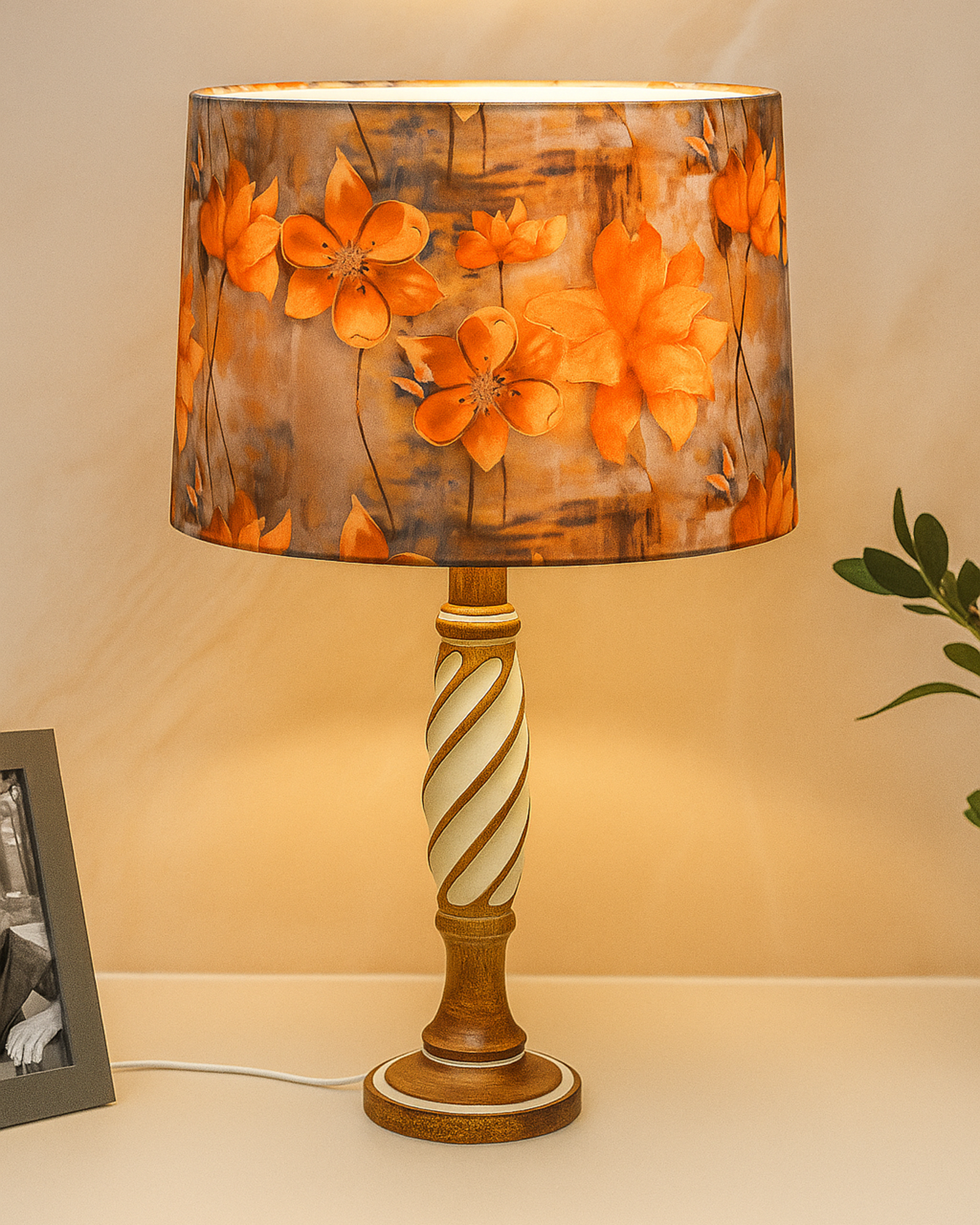 Antique White Twister Wood Table lamp, Rustic Farmhouse Bedside Light, Khadi Fabric shade
