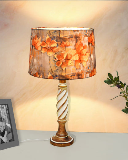 Antique White Twister Wood Table lamp, Rustic Farmhouse Bedside Light, Khadi Fabric shade