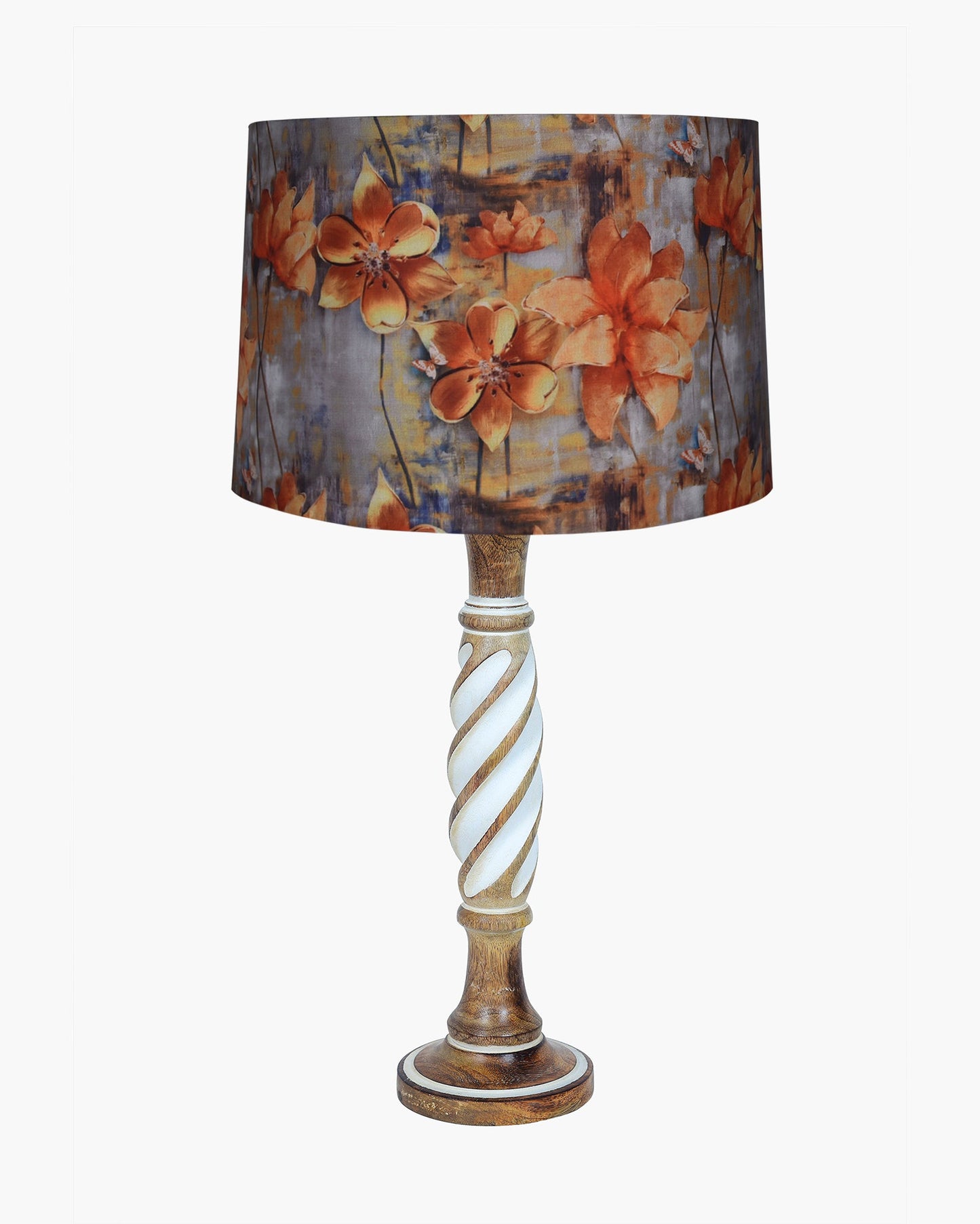 Antique White Twister Wood Table lamp, Rustic Farmhouse Bedside Light, Khadi Fabric shade