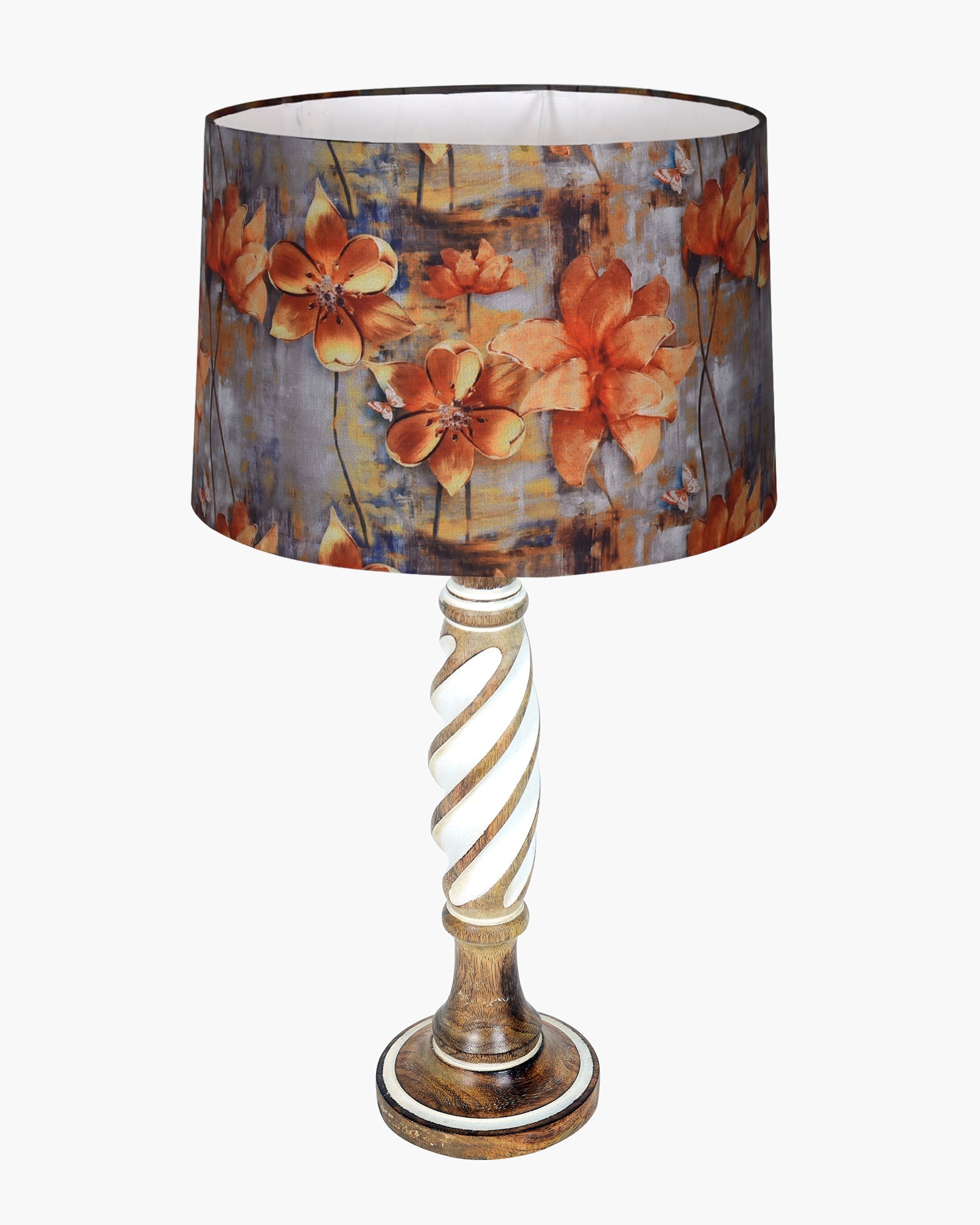 Antique White Twister Wood Table lamp, Rustic Farmhouse Bedside Light, Khadi Fabric shade