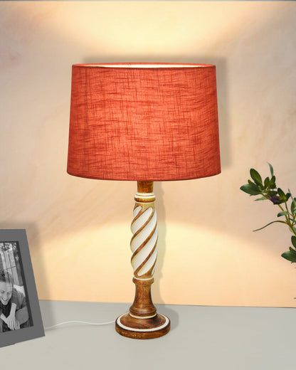 Antique White Twister Wood Table lamp, Rustic Farmhouse Bedside Light, Khadi Fabric shade