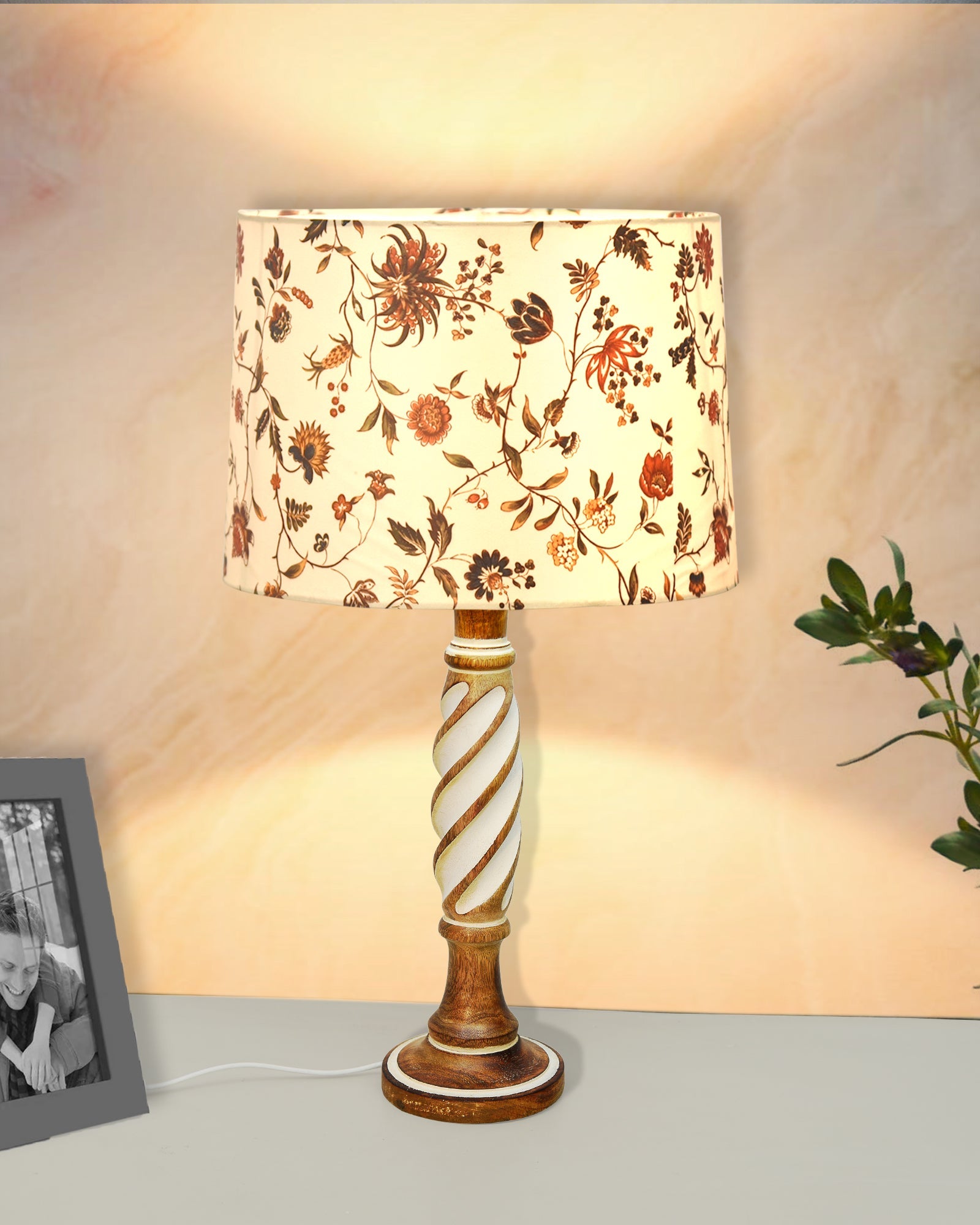 Antique White Twister Wood Table lamp, Rustic Farmhouse Bedside Light, Khadi Fabric shade