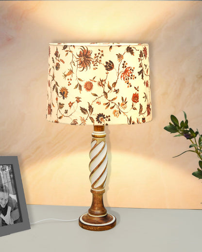 Antique White Twister Wood Table lamp, Rustic Farmhouse Bedside Light, Khadi Fabric shade