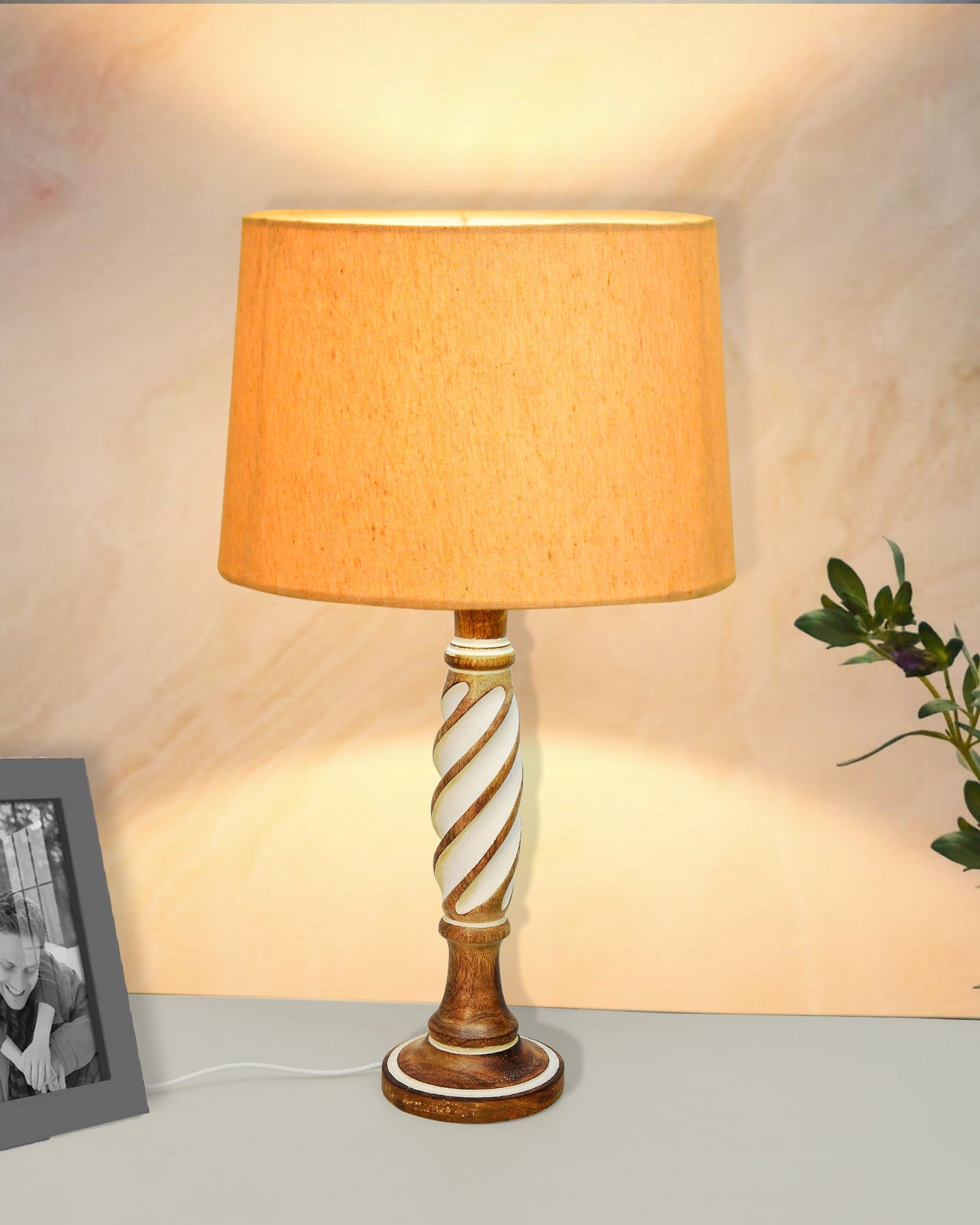 Antique White Twister Wood Table lamp, Rustic Farmhouse Bedside Light, Khadi Fabric shade