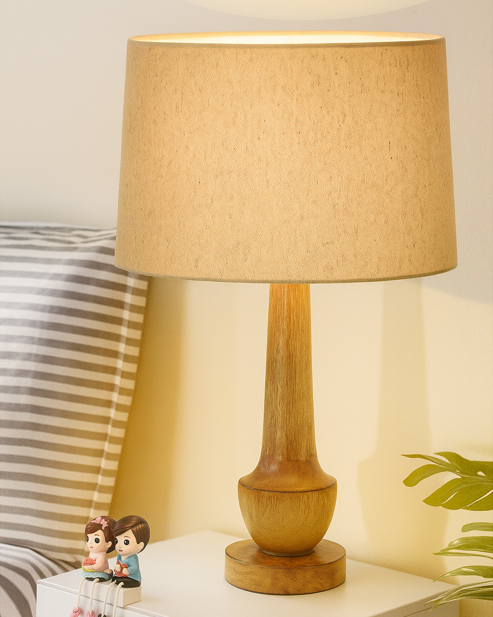 Rustic Turnip Wood Table lamp for home, Bedside farmhouse Living Room Light, Khadi fabric shade