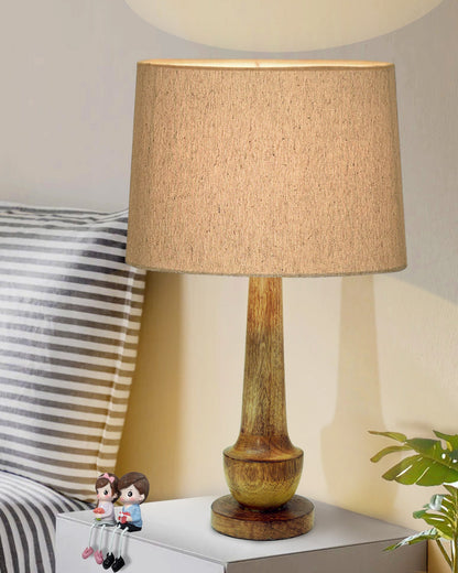 Rustic Turnip Wood Table lamp for home, Bedside farmhouse Living Room Light, Khadi fabric shade