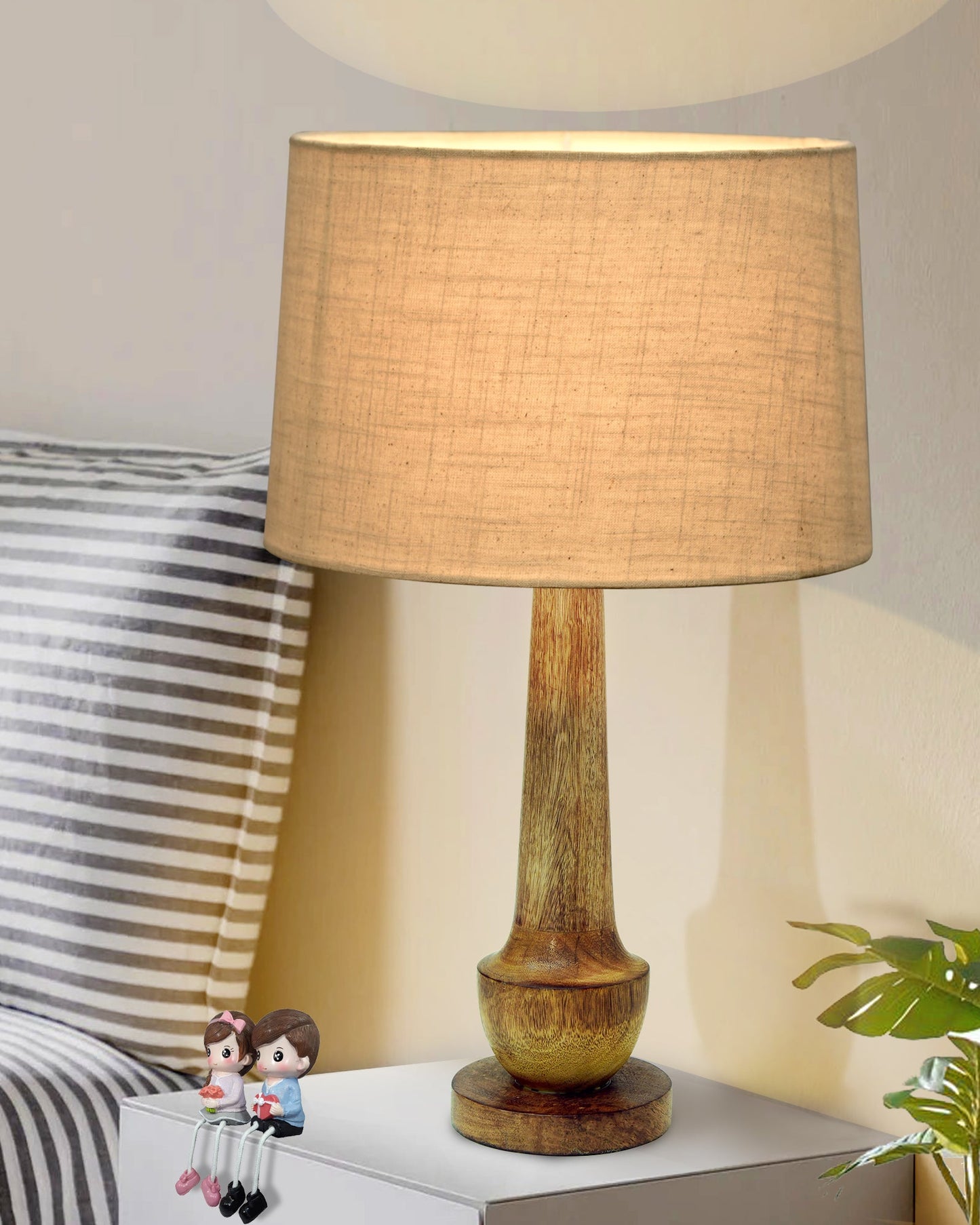 Rustic Turnip Wood Table lamp for home, Bedside farmhouse Living Room Light, Khadi fabric shade