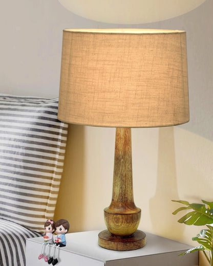 Rustic Turnip Wood Table lamp for home, Bedside farmhouse Living Room Light, Khadi fabric shade