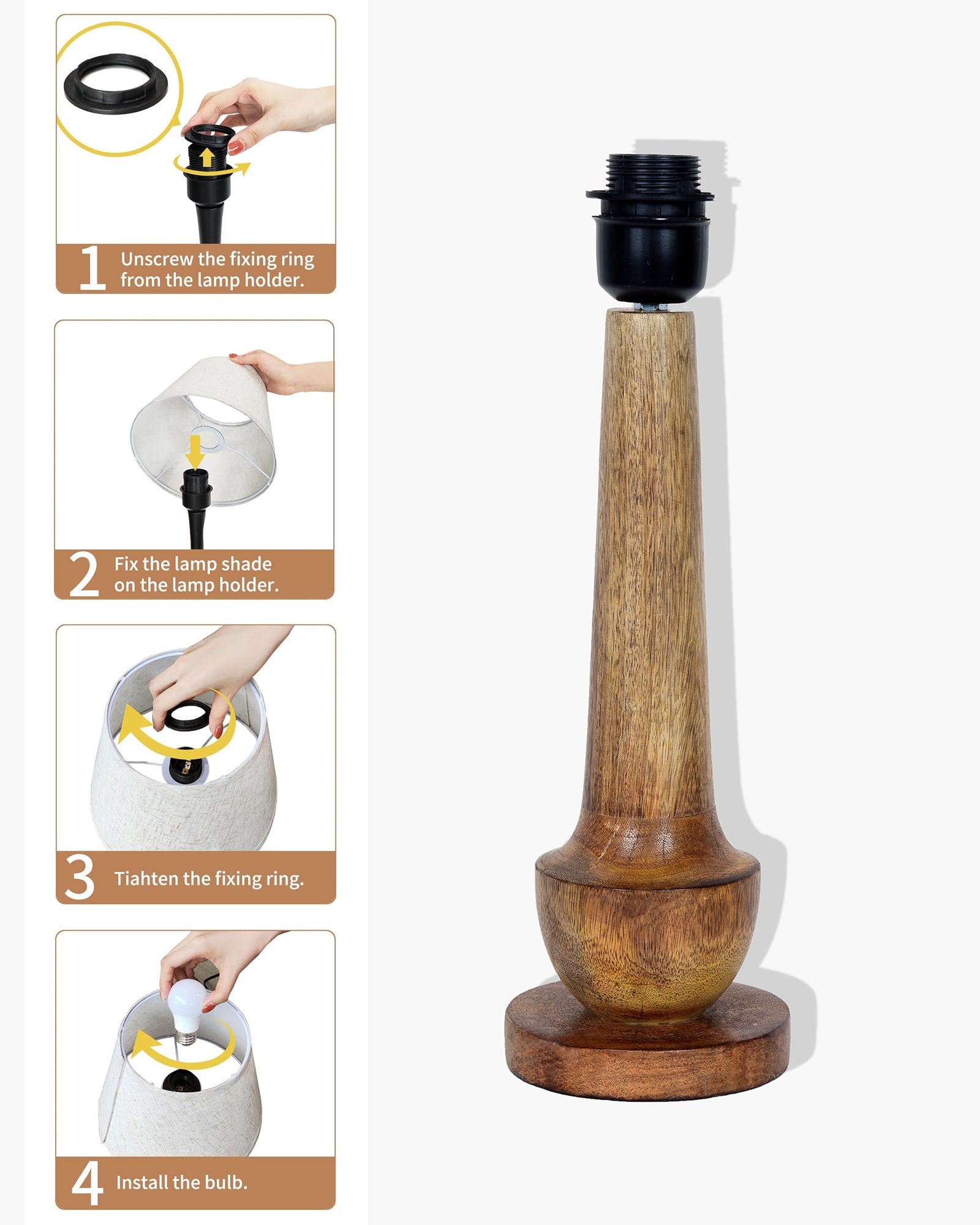 Rustic Turnip Wood Table lamp for home, Bedside farmhouse Living Room Light, Khadi fabric shade