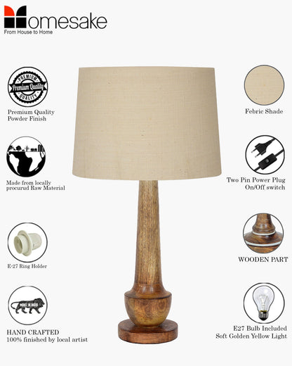 Rustic Turnip Wood Table lamp for home, Bedside farmhouse Living Room Light, Khadi fabric shade