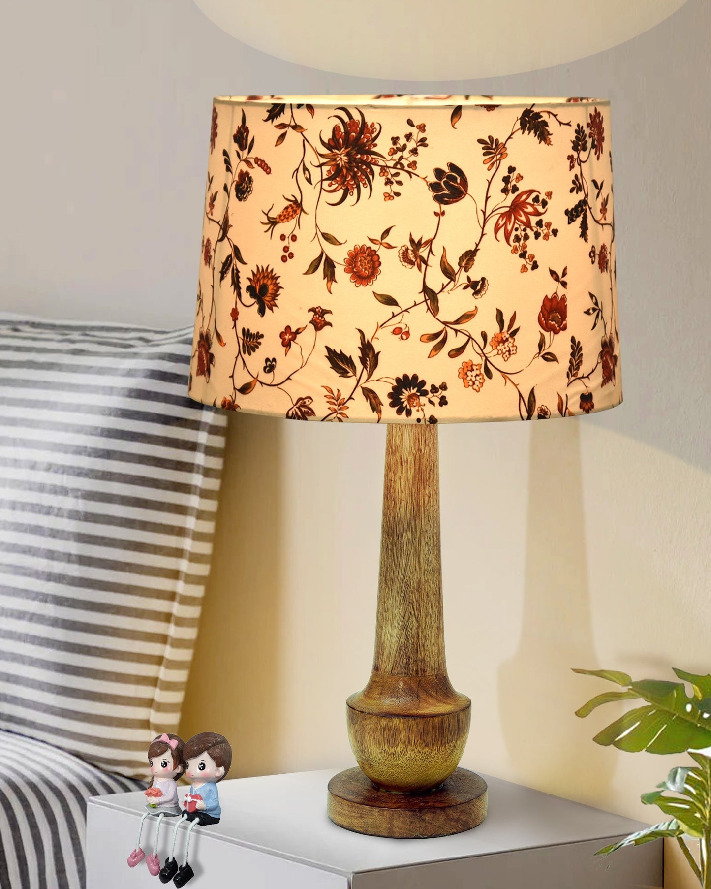 Rustic Turnip Wood Table lamp for home, Bedside farmhouse Living Room Light, Khadi fabric shade