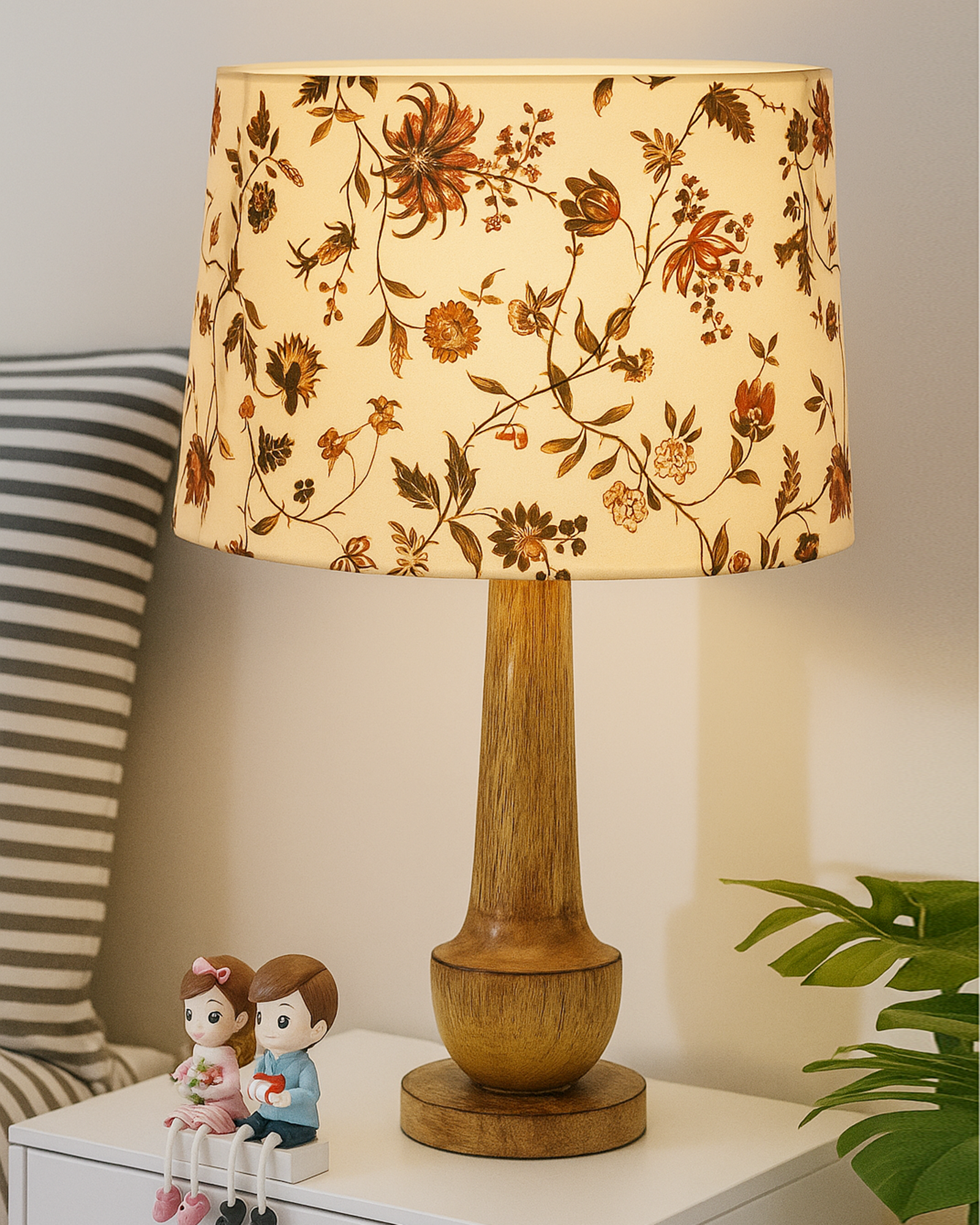 Rustic Turnip Wood Table lamp for home, Bedside farmhouse Living Room Light, Khadi fabric shade