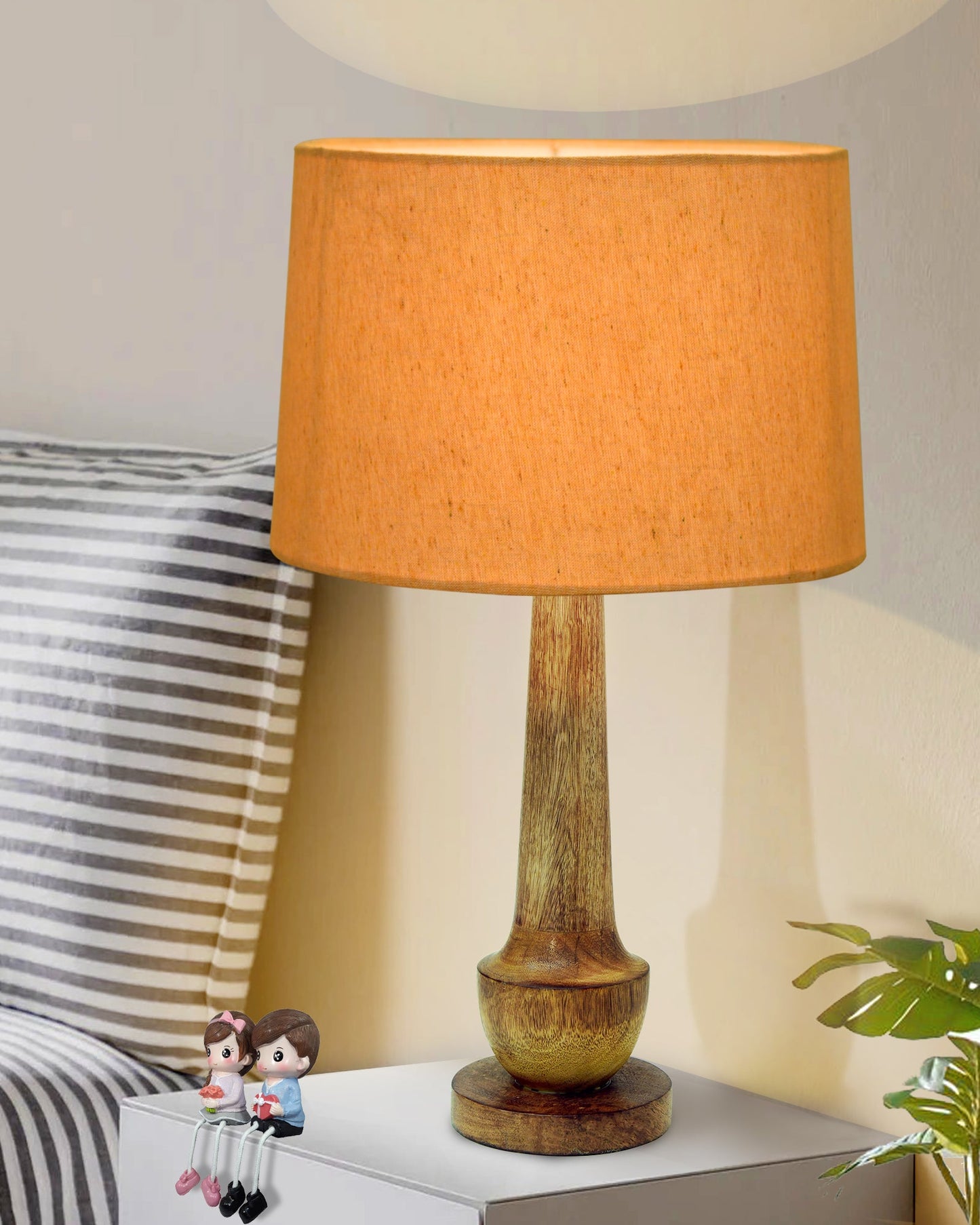 Rustic Turnip Wood Table lamp for home, Bedside farmhouse Living Room Light, Khadi fabric shade