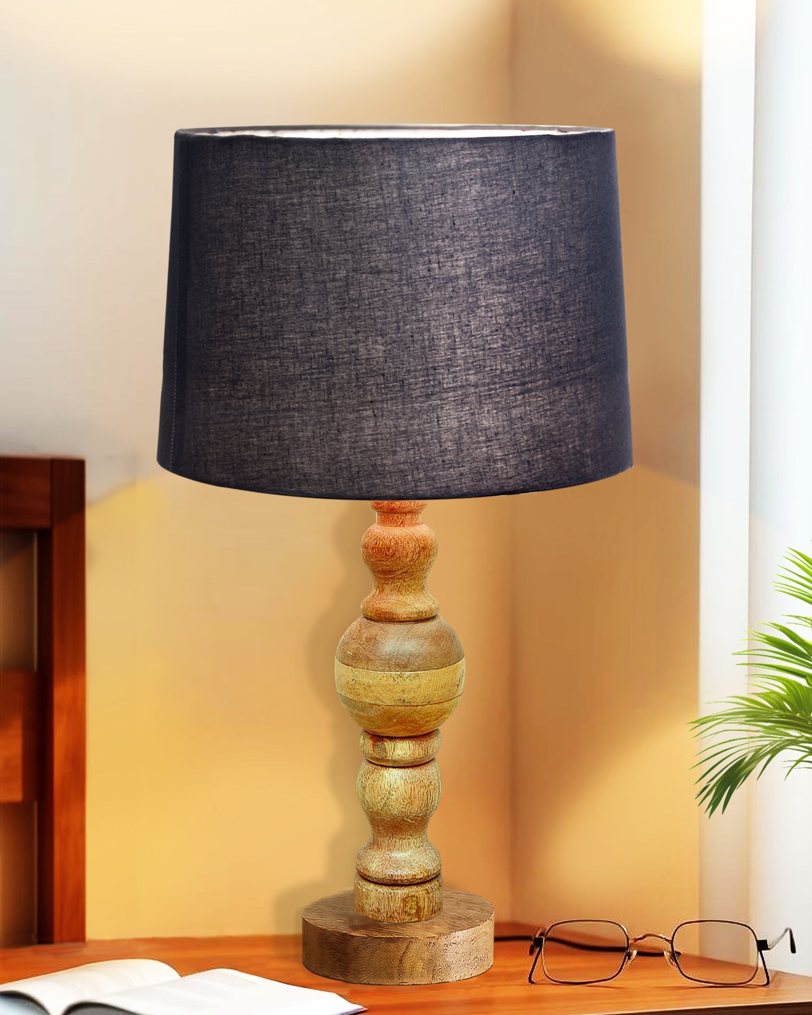 Industrial Wood Bubble Bedside Table Lamp, farmhouse Living Room Light, Khadi Drum Shade