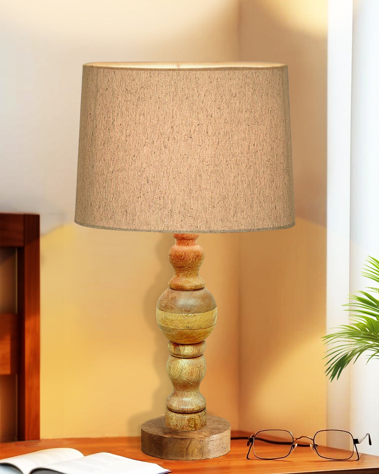 Industrial Wood Bubble Bedside Table Lamp, farmhouse Living Room Light, Khadi Drum Shade