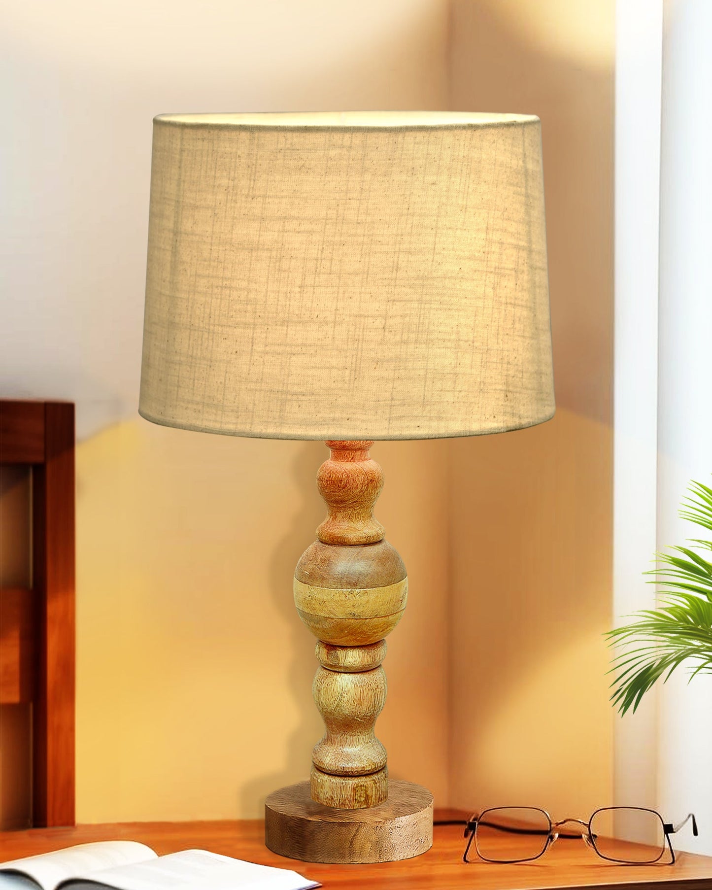 Industrial Wood Bubble Bedside Table Lamp, farmhouse Living Room Light, Khadi Drum Shade