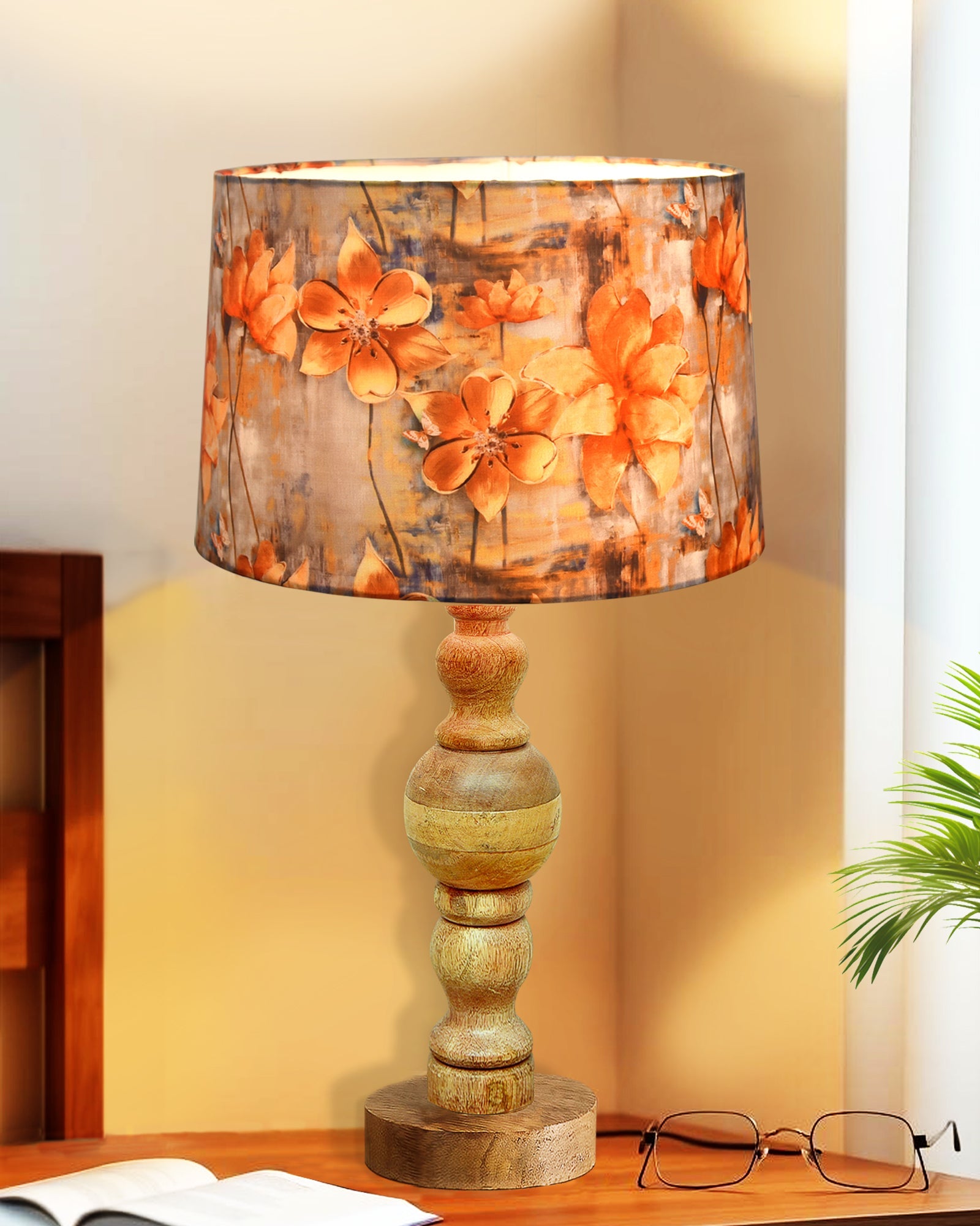 Industrial Wood Bubble Bedside Table Lamp, farmhouse Living Room Light, Khadi Drum Shade