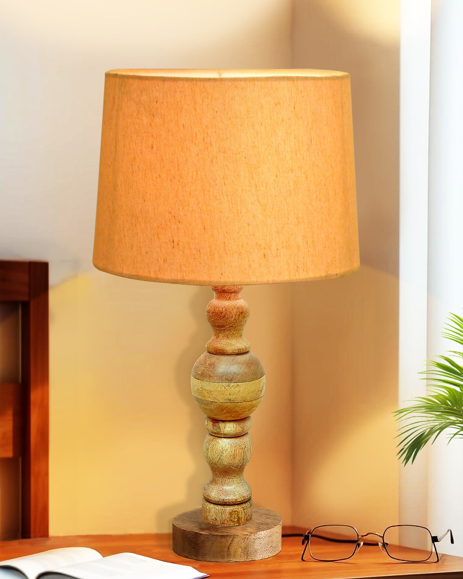 Industrial Wood Bubble Bedside Table Lamp, farmhouse Living Room Light, Khadi Drum Shade