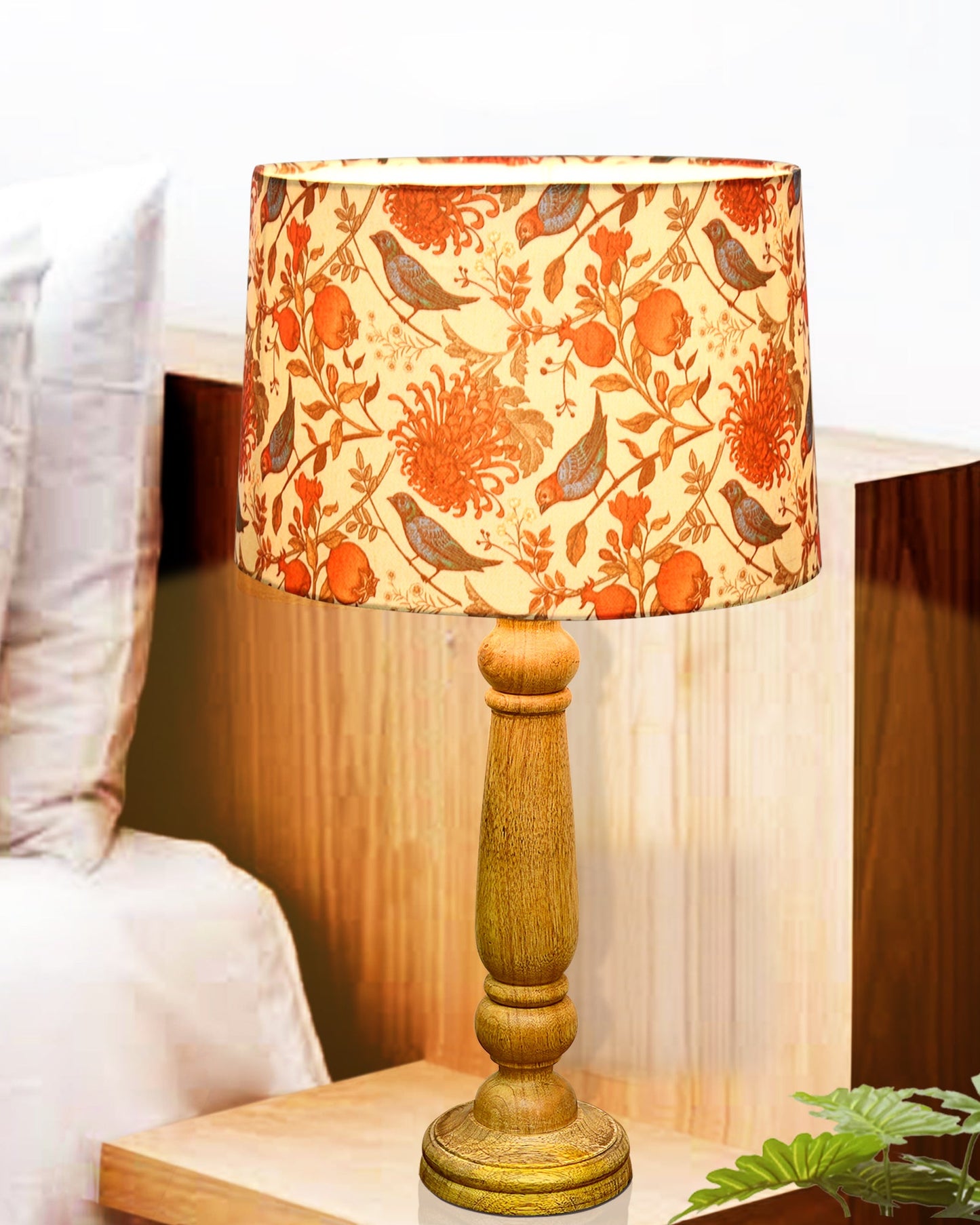 Mable Rustic Wood Table Lamp, Industrial Bedside Living Room Light, Khadi Drum Shade