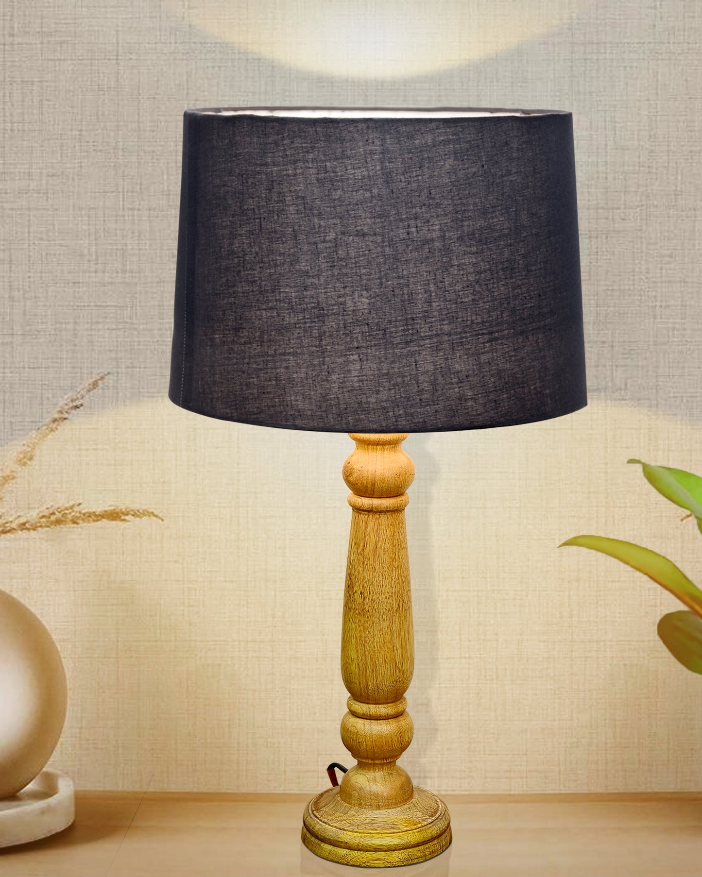 Mable Rustic Wood Table Lamp, Industrial Bedside Living Room Light, Khadi Drum Shade