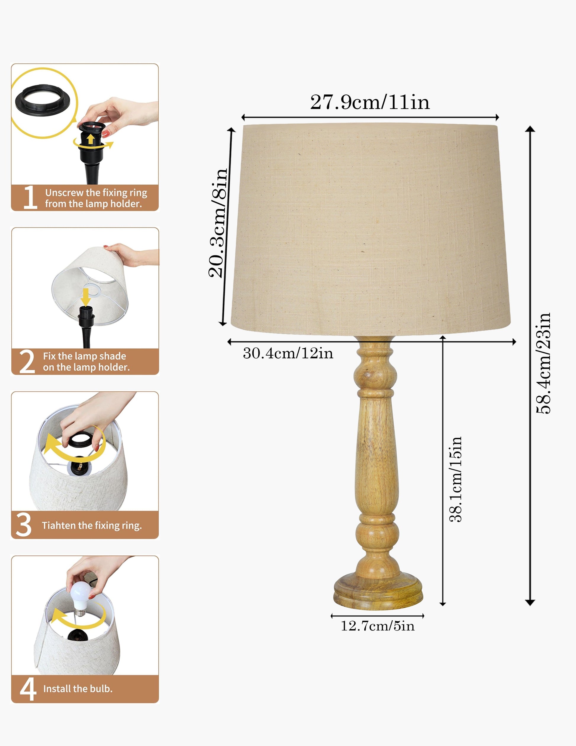 Mable Rustic Wood Table Lamp, Industrial Bedside Living Room Light, Khadi Drum Shade