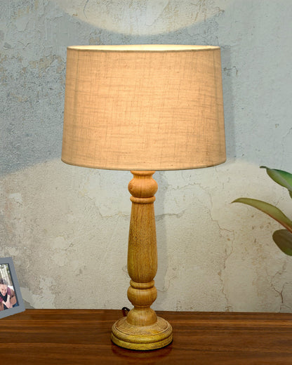 Mable Rustic Wood Table Lamp, Industrial Bedside Living Room Light, Khadi Drum Shade