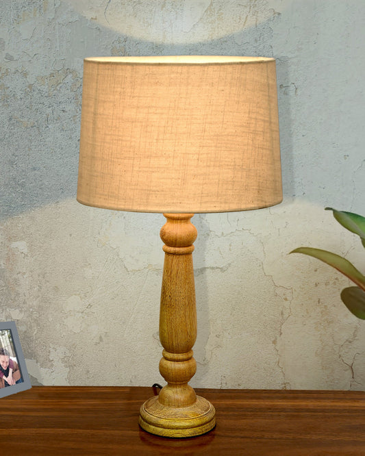 Mable Rustic Wood Table Lamp, Industrial Bedside Living Room Light, Khadi Drum Shade