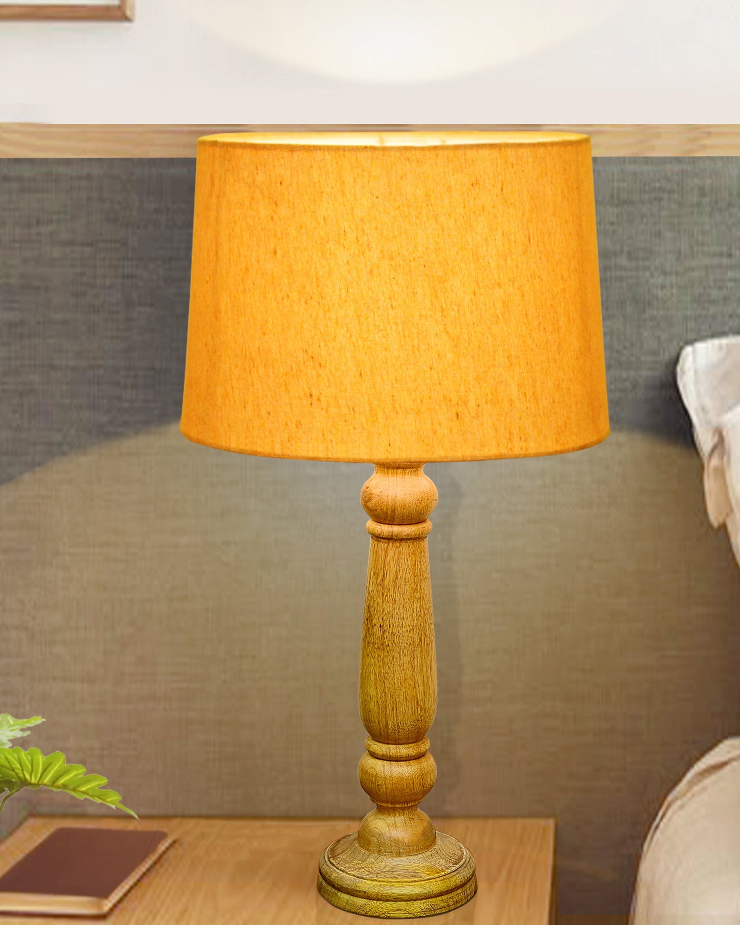 Mable Rustic Wood Table Lamp, Industrial Bedside Living Room Light, Khadi Drum Shade