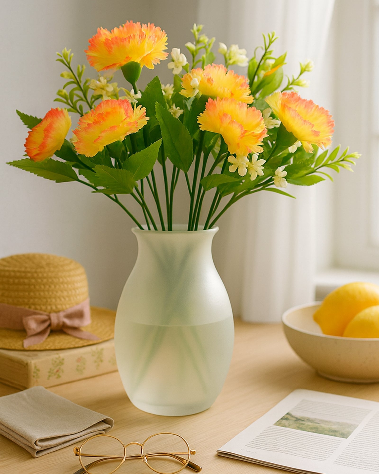 Homesake® Artificial Carnation Flowers with Greenery, Faux Floral Bouquet for Home Decor, Table Centerpiece, Living Room, or Gift, Pot Not Included, Realistic Silk Flowers Arrangement, Yellow