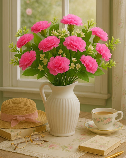 Homesake® Artificial Carnation Flowers with Greenery, Faux Floral Bouquet for Home Decor, Table Centerpiece, Living Room, or Gift, Pot Not Included, Realistic Silk Flowers Arrangement, Yellow