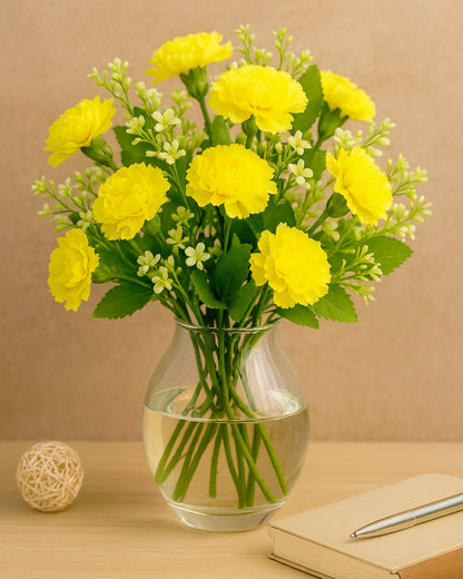 Homesake® Artificial Carnation Flowers with Greenery, Faux Floral Bouquet for Home Decor, Table Centerpiece, Living Room, or Gift, Pot Not Included, Realistic Silk Flowers Arrangement, Yellow